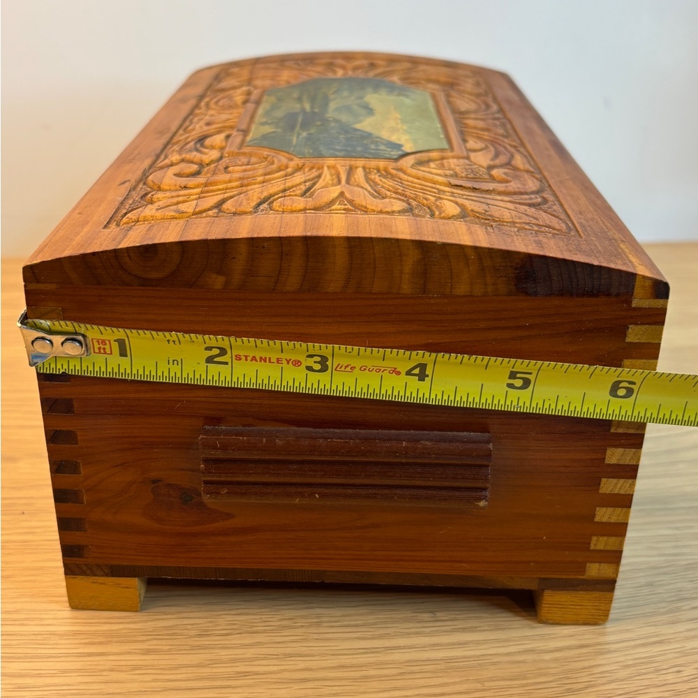 Vintage Hand-Carved Wooden Dovetail Box Scenic Inlay Mirror - Honey Brown - Picture 13 of 14